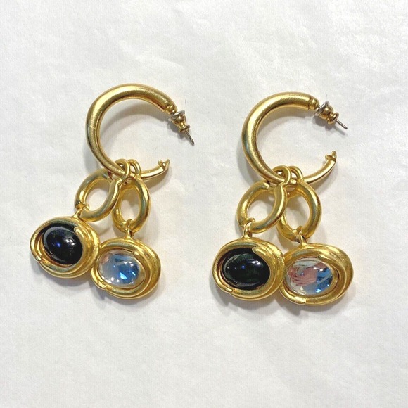 Mod goldtone pierced earrings drop dangle hoops rich black & white designer chic - Picture 1 of 5